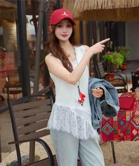 눈꽃 면 여름 외출용 패치워크 V넥 불규칙 티셔츠 길다 조끼 여성 스택 착용 민소매 맨위