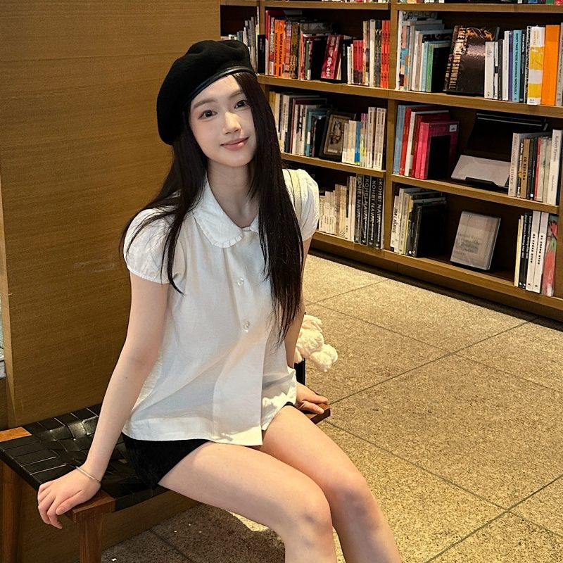 원본 원단 순면 오픈 가디건 단추 이중 버튼 주름 베이비 칼라 화이트 셔츠 반팔 맨위 여성