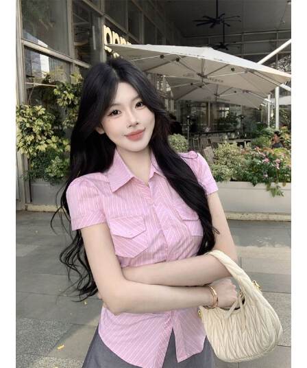 원본 원단 핑크색 스트라이프 반팔 여성 셔츠 여름 새로운 꼬집기 허리 자르기 몸매 가꾸기 다용도 맨위