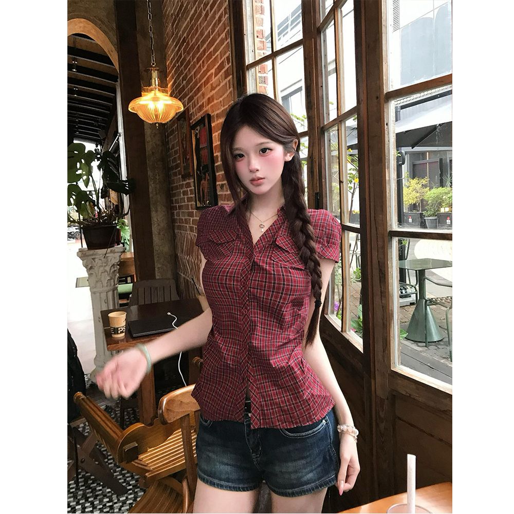 한 부서 레트로 핫걸 체크무늬 반팔 여성 셔츠 여름 고급 센스 몸매 가꾸기 슬림해 보이는 허리 수축 긍정적 인 어깨 주머니 맨위