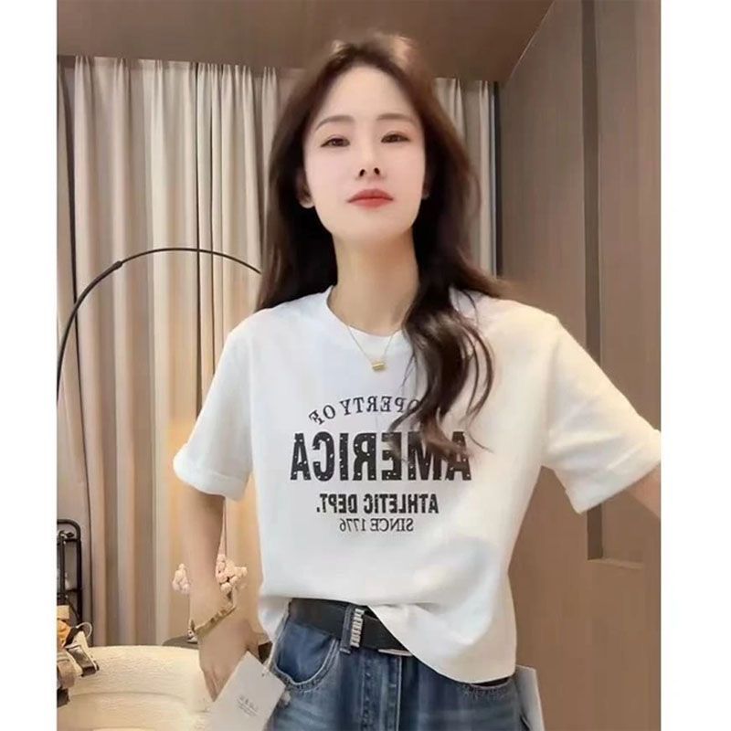 40 순면 한 부서 디자인 센스 알파벳 프린트 반팔 티셔츠 여성 2026 새로운 맨위