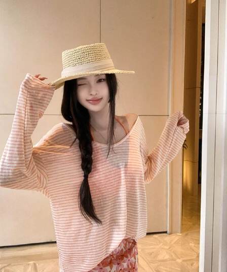 한국 스타일 순수한 욕망 바람 스트라이프 자외선 차단 블라우스 긴팔 티셔츠 여성 디자인 센스 작은 대중 캐미솔 투피스 세트 맨위