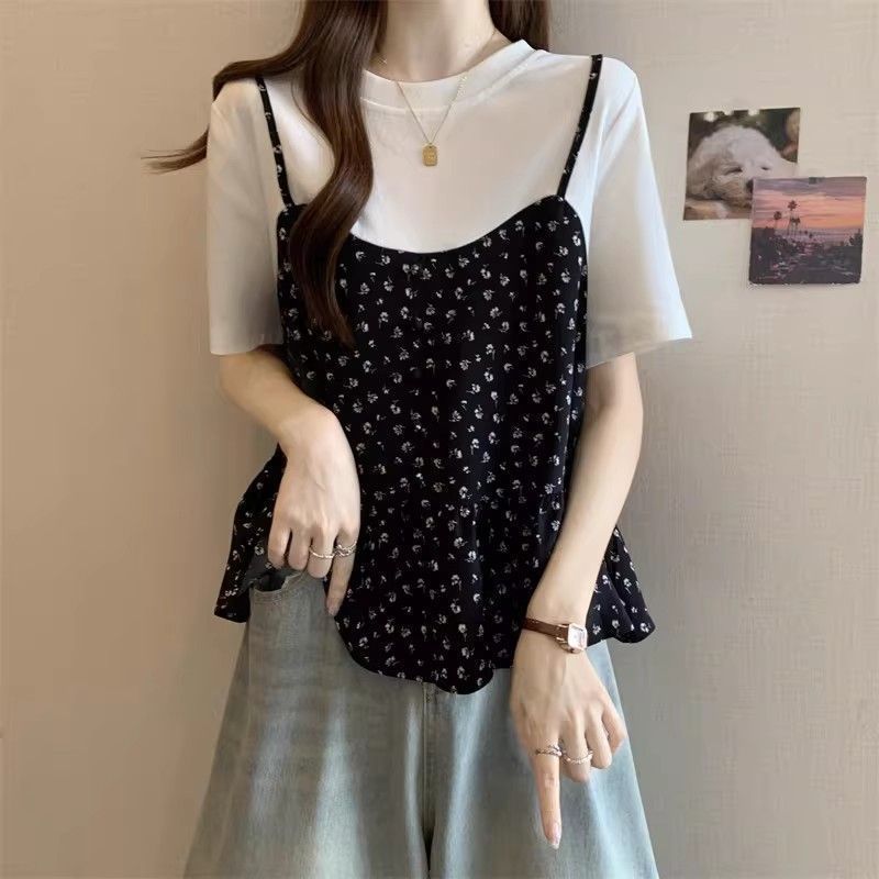 지방 mm 표지 배 페이크 레이어드 맨위 여성 꽃무늬 반팔 티셔츠 여름 기본 셔츠 빅 사이즈 루즈핏 슬림해 보이는 맨위