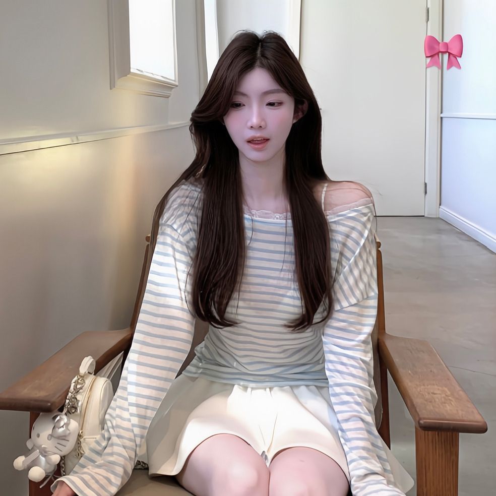 원본 컬러 짜임 기사 비스듬한 어깨 스트라이프 티셔츠 여성 여름 한 부서 느긋한 바람 루즈핏 슬림해 보이는 오프숄더 맨위