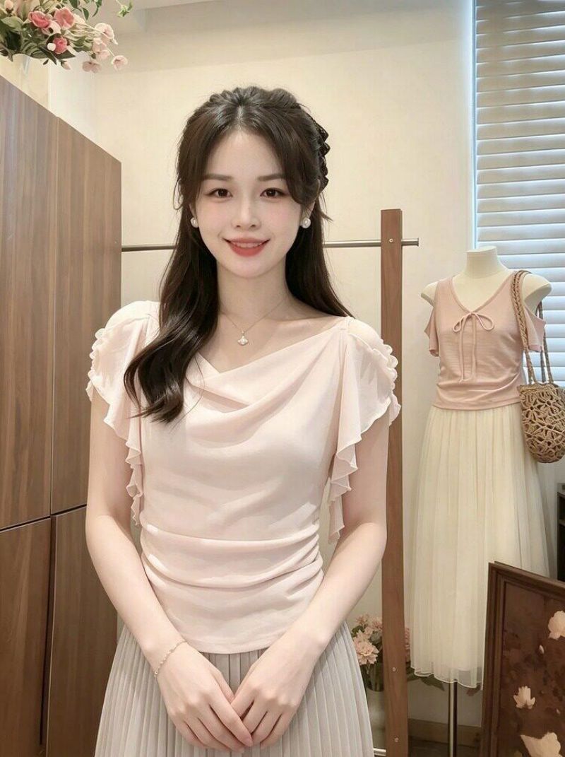 40d 메시 원단 이중층 품격 흔들다 칼라 반팔 티셔츠 여성 여름 허리 수축 슬림해 보이는 다용도 디자인 센스 맨위