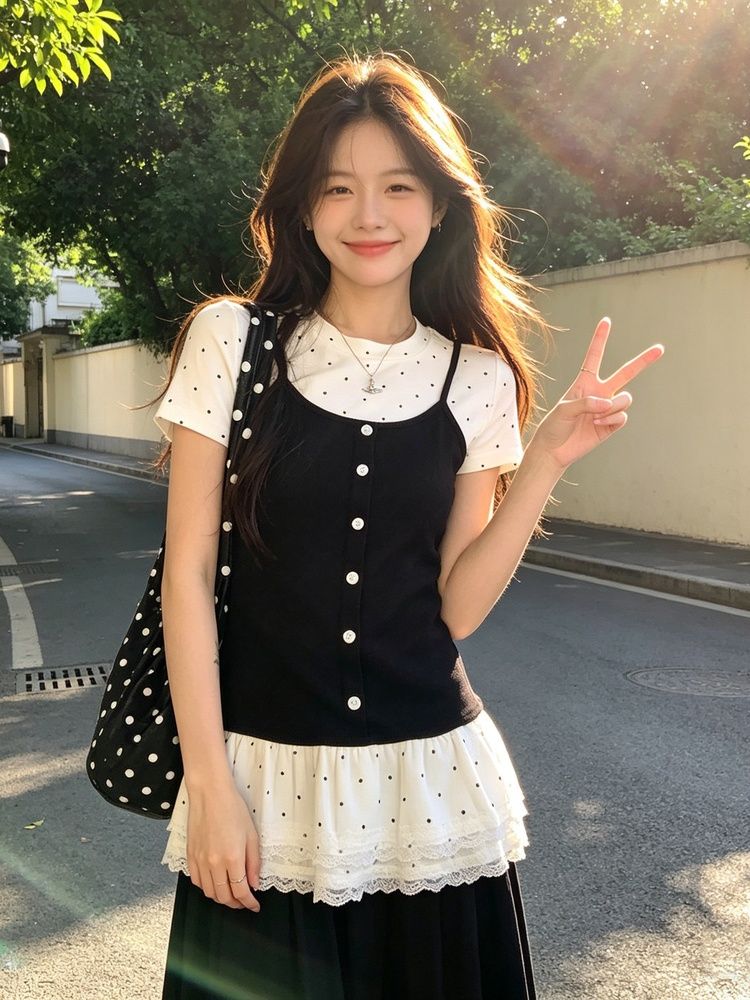 사람들 면 모방 면 한 부서 페이크 레이어드 긍정적 인 어깨 반팔 티셔츠 여성 여름 발레 바람 몸매 가꾸기 슬림해 보이는 아름다운 도트 무늬 맨위