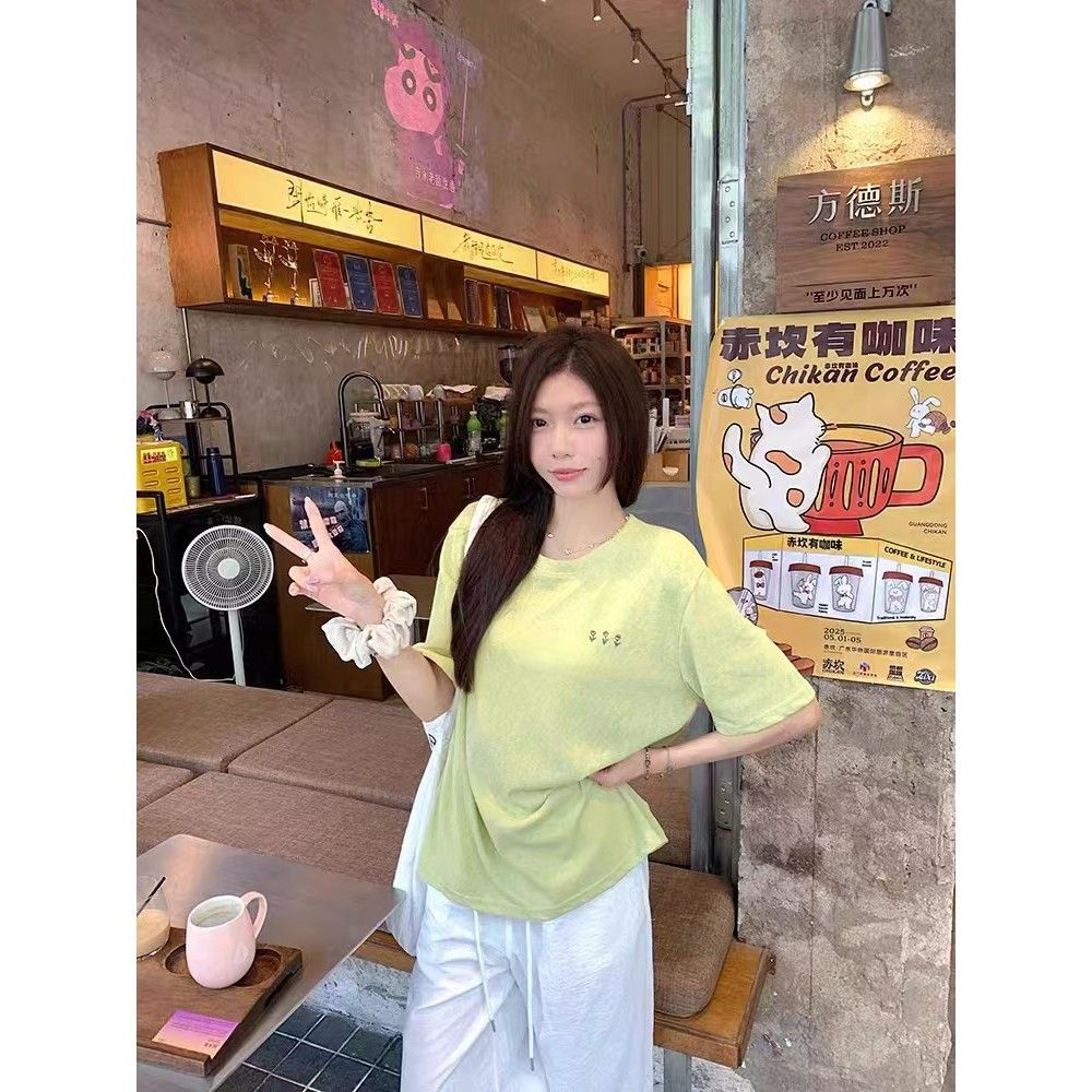 면 75 집결하다 섬유 25 초록 초록 눈꽃 면 긍정적 인 어깨 루즈핏 한 부서 반팔 티셔츠 여성 다용도 여름