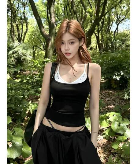 40 순면 아메리칸 핫걸 작은 대중 디자인 센스 징 배색 페이크 레이어드 캐미솔 민소매 맨위