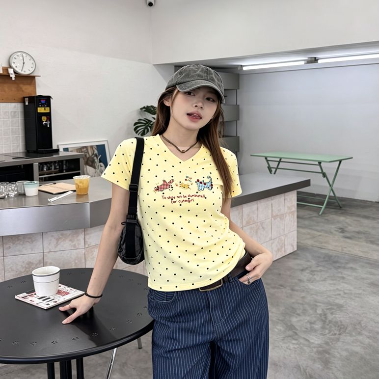 220 그램 40 1 1 순면 여름 새로운 한 부서 V넥 도트 무늬 패션 긍정적 인 어깨 프린트 섹션 반팔 티셔츠
