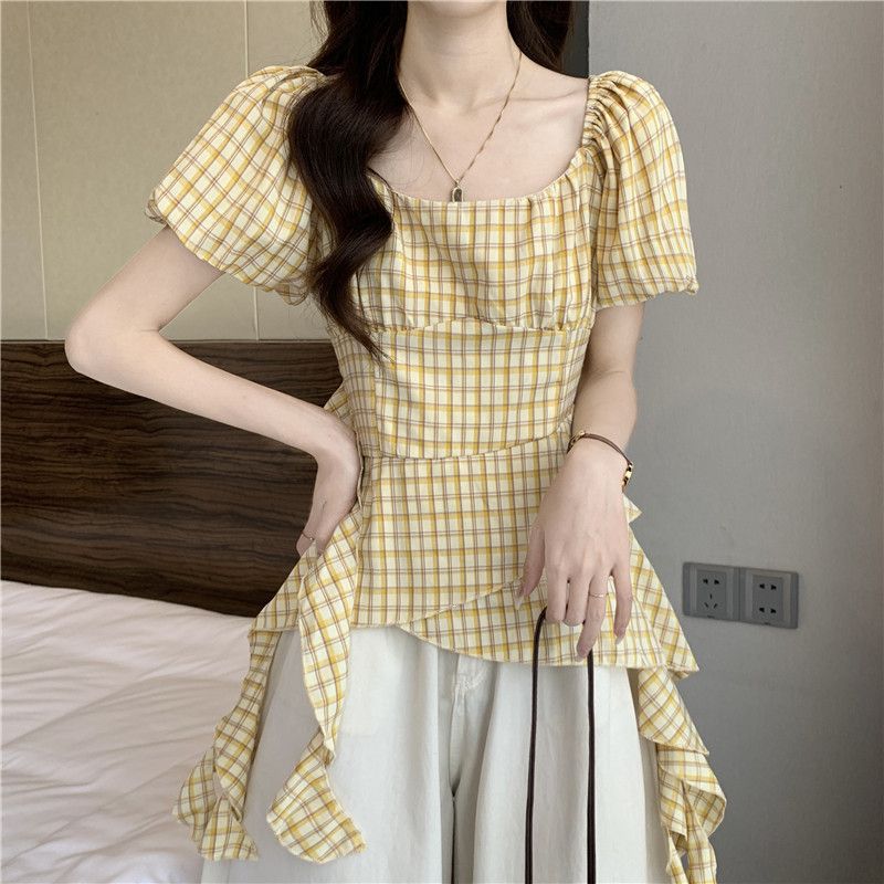 프랑스식 거품 소매 황색 체크무늬 반팔 여성 셔츠 여름 허리 수축 표지 배 슈퍼 잘 생긴 광장 칼라 맨위