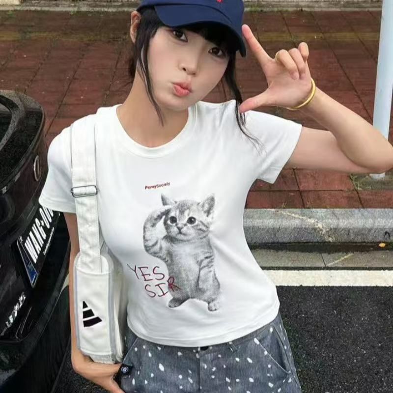 40 230 크 92 면 8 암모니아 Lun 높은 탄력성 긍정적 인 어깨 프린트 반팔 티셔츠 여성