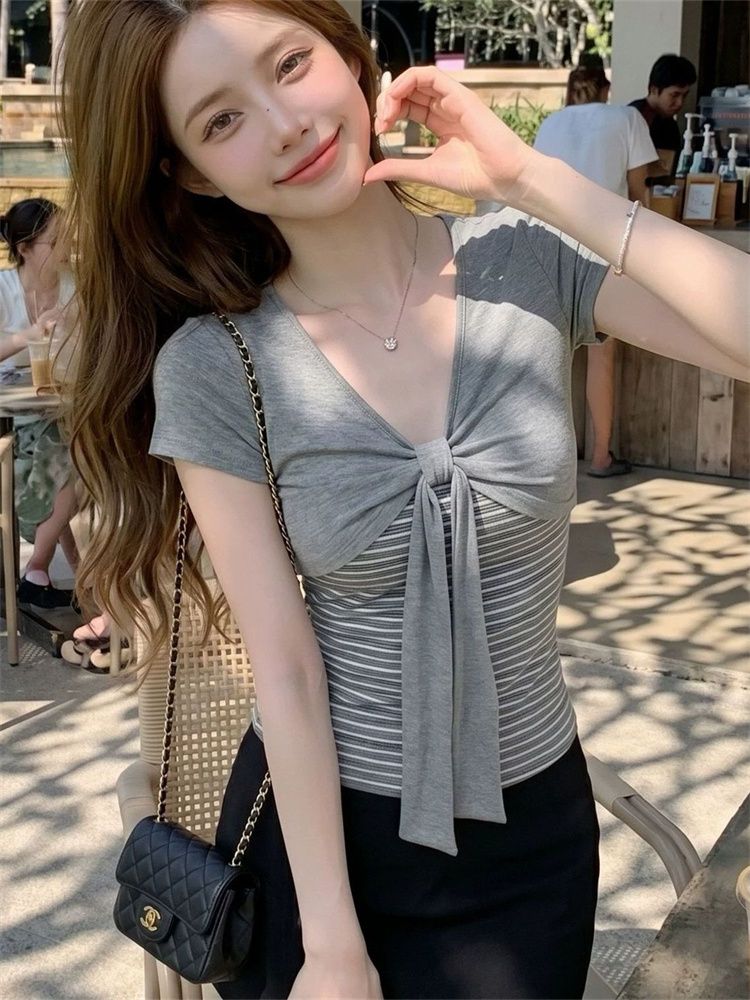 40 순면 프랑스식 나비 매듭 디자인 반팔 티셔츠 여름 순수한 욕망 페이크 레이어드 스트라이프 패치워크 한 첨부 된 의류
