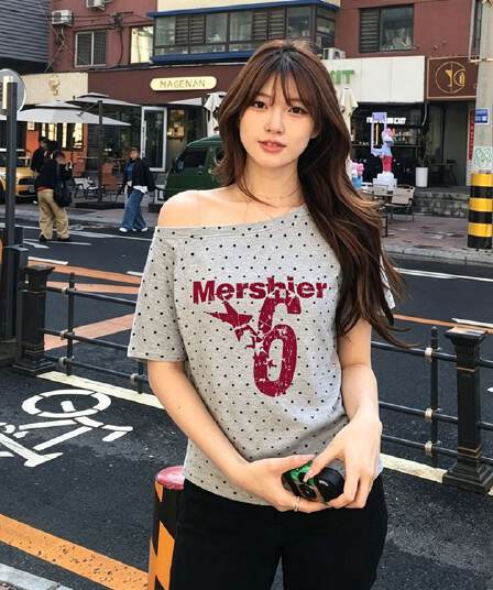 220 그램 40 1 1 순면 여름 새로운 한 부서 도트 무늬 비스듬한 칼라 오프숄더 프린트 섹션 반팔 티셔츠 여성