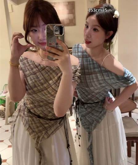 40d 메시 원단 달콤한 핫걸 불규칙 리본 디자인 센스 티셔츠 여성 여름 체크무늬 배색 벨트 포함 민소매 맨위 서비스