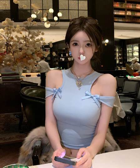 핫걸 바람 섹시함 오프숄더 나비 매듭 라운드 넥 캐미솔 파란색 몸매 가꾸기 인사이드 가져 가라. 몸매 가꾸기 종류 쇼트 스타일 맨위