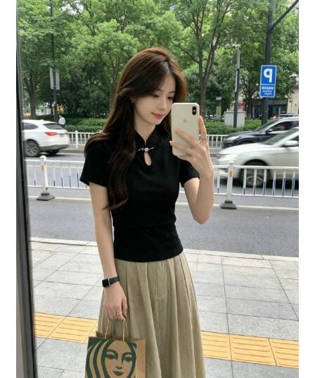 210 그램 1x1 순면 리브 새로운 중식 단추 치파오 셔츠 국풍 티셔츠 맨위
