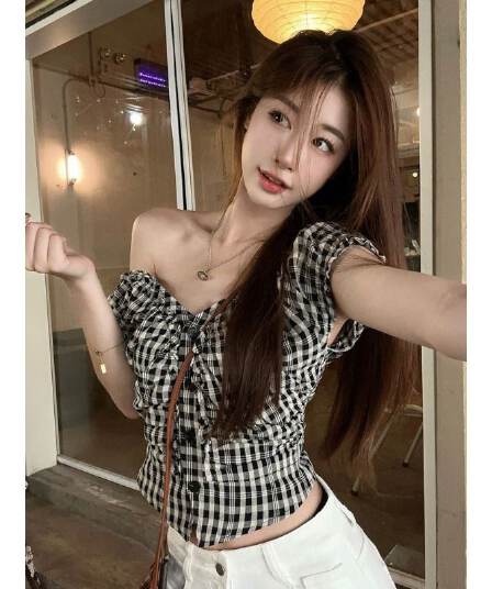 원본 셔틀 직물 달콤한 매운맛 검은 격자 V넥 버블 반팔 셔츠 여름 고유 한 작은 셔츠 허리 수축 맨위