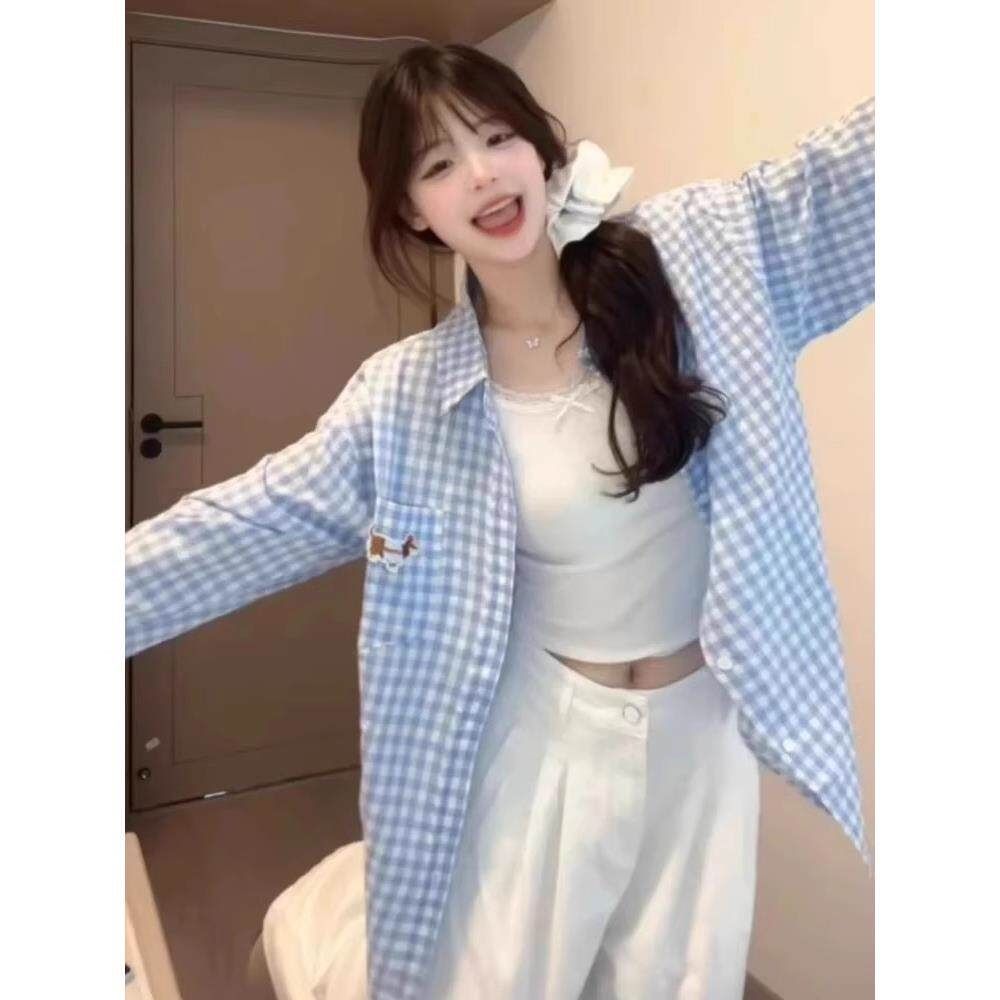 한 부서 파란색 체크무늬 닥스 훈트 자수 긴팔 자외선 차단 여성 셔츠 여름 캐주얼 다용도 루즈핏 맨위 재킷