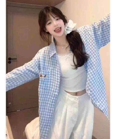 한 부서 파란색 체크무늬 닥스 훈트 자수 긴팔 자외선 차단 여성 셔츠 여름 캐주얼 다용도 루즈핏 맨위 재킷