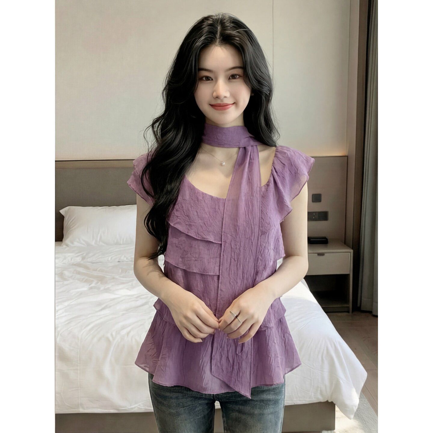 보라색 달콤한 스타일 비스듬한 어깨 프릴 계단식 여성 셔츠 여름 디자인 센스 작은 대중 부드러운 슬림해 보이는 작은 셔츠 맨위