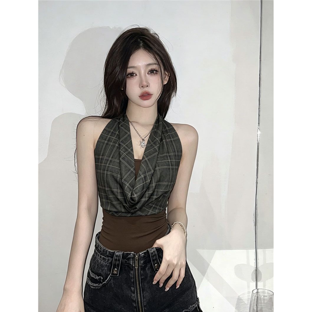 아메리칸 흔들다 칼라 체크무늬 패치워크 캐미솔 외출용 여름 태국 사람 스타일 작은 대중 달콤한 핫걸 V넥 행침 목 맨위