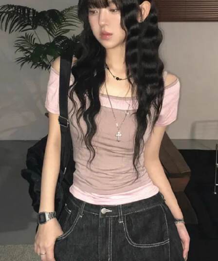 원본 한 부서 여름 스택 착용 오프숄더 슬림해 보이는 다용도 스트라이프 반팔 캐미솔 페이크 레이어드 맨위 여성