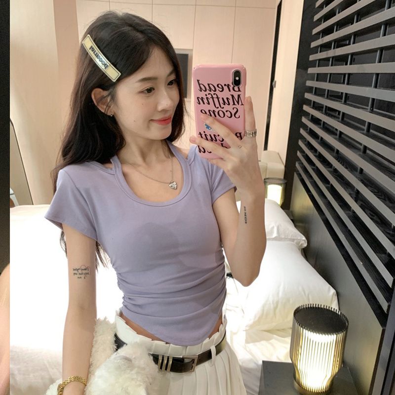 핫걸 레이스업 행침 목 반팔 긍정적 인 어깨 여성 티셔츠 여름 디자인 센스 불규칙 쇼트 스타일 맨위