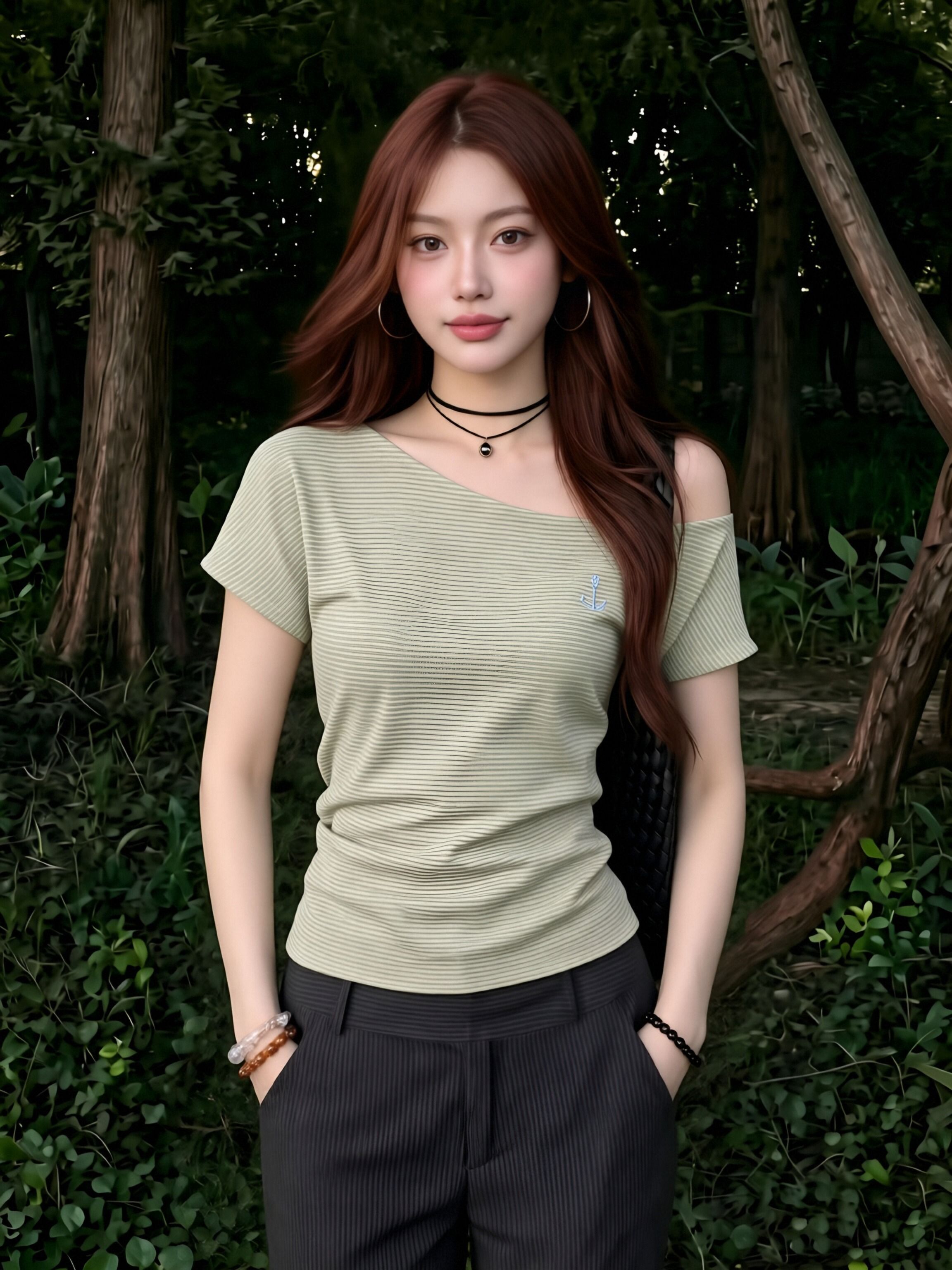광저우 원본 원단 빅 사이즈 여성 의류 한 부서 이리저리 떠다니다 번쩍였다 조각 착용 가져 가라. 디자인 센스 오프숄더 스트라이프 반팔 티셔츠 여성