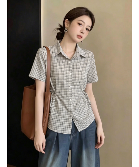 소금 부서 격자 무늬 셔츠 여성용 짧은 소매 여름 새로운 한 부서 디자인 센스 스트랩 허리 수축 품격 슬림해 보이는 셔츠