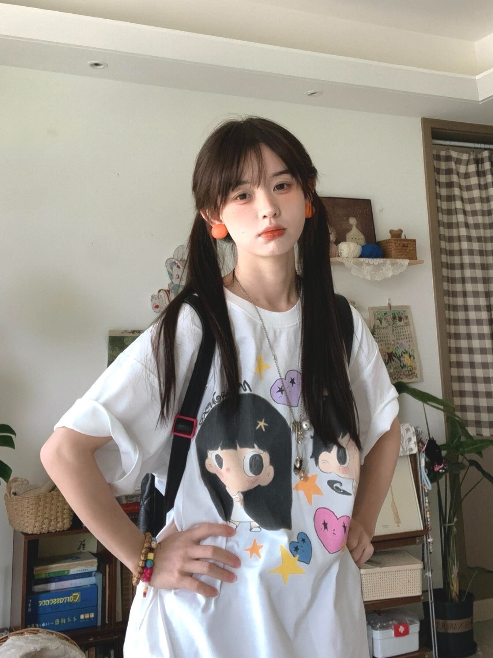 220 그램 빗질하다 순면 이후 패키지 칼라 아메리칸 레트로 루즈핏 라운드 넥 반팔 티셔츠 여성 여름 프린트 맨위 트렌디