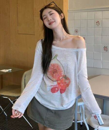 원본 무지개 마 새로운 여름 Fig 프린트 비스듬한 어깨 긴팔 티셔츠 루즈핏 느긋한 블라우스