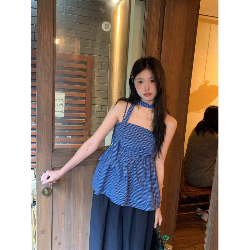원본 것 달콤한 핫걸 체크무늬 행침 목 리본 캐미솔 여름 허리 수축 주름 민소매 맨위
