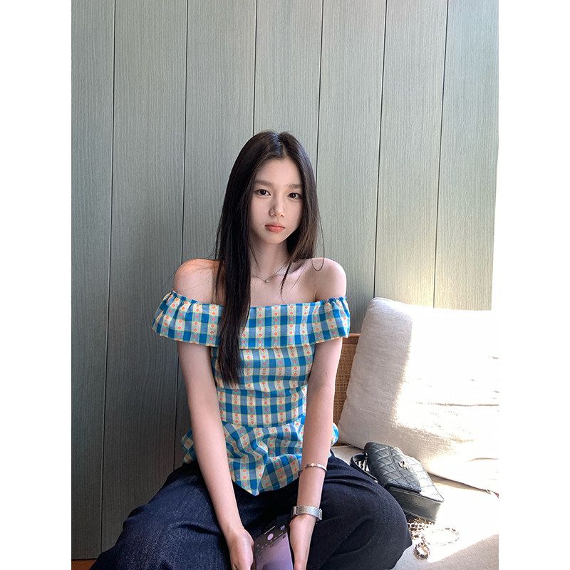 원본 원단 플러스 네리 한 부서 블루 체크무늬 오프숄더 여성 여름 몸매 가꾸기 프릴 하이웨이스트 슬림해 보이는 맨위