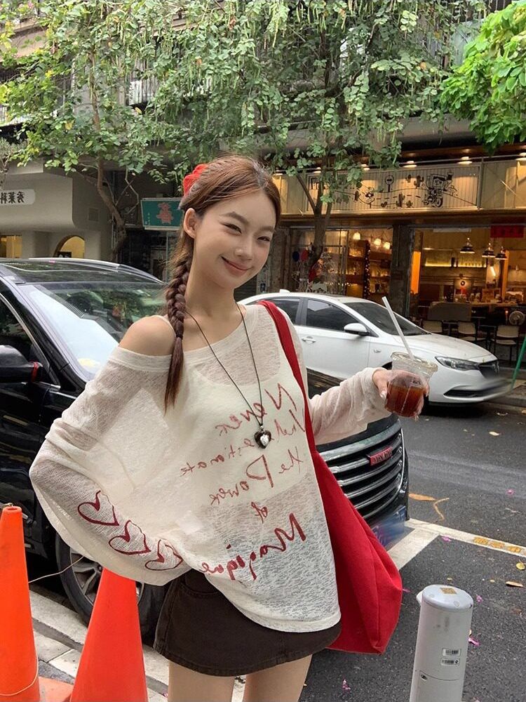 대나무 마디 리브 여름 얇은 스타일 긴팔 맨위 자외선 차단 의류 여성 외출용 한국 스타일 루즈핏 얇고 가벼운 티셔츠 자외선 차단 블라우스