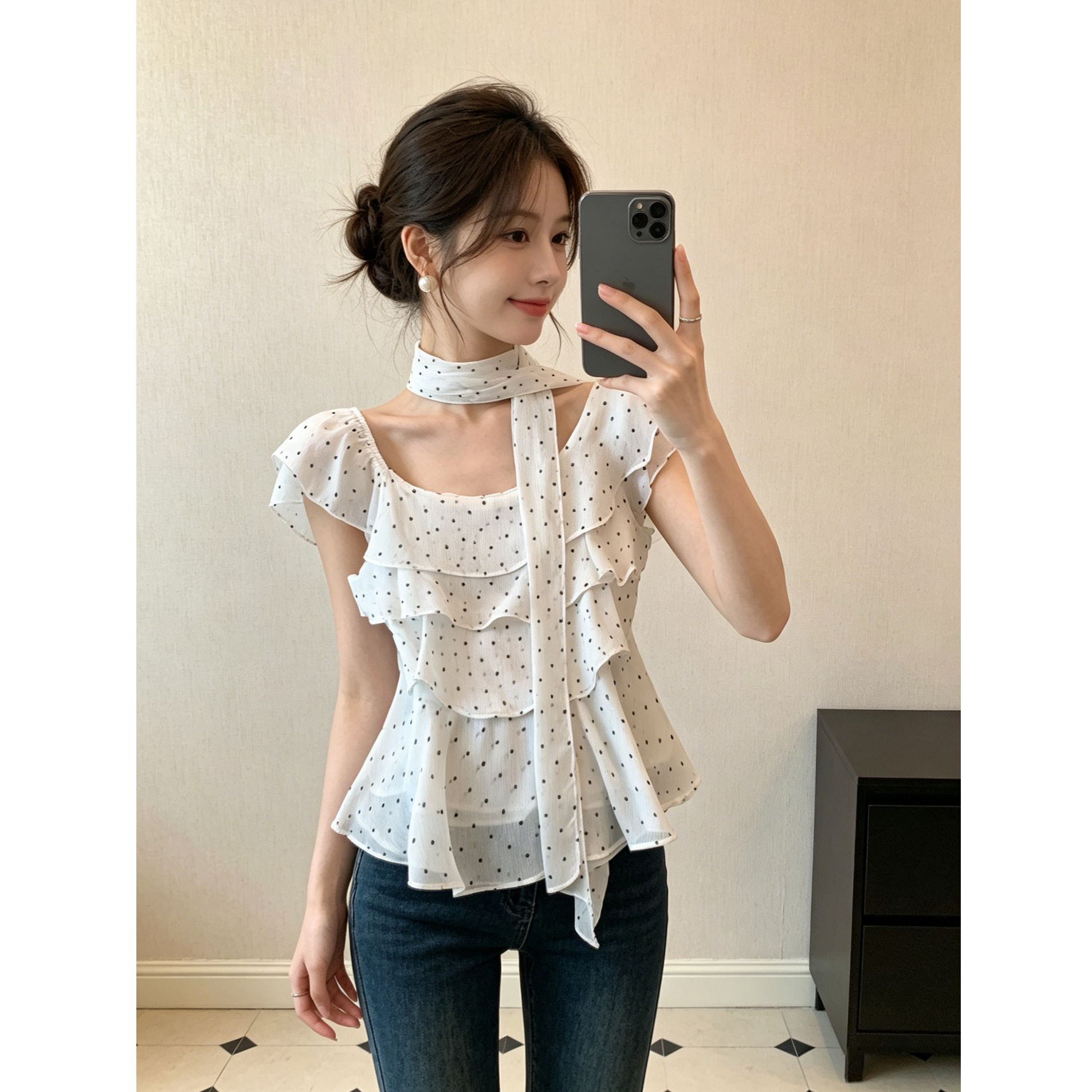 달콤한 매운맛 바람 빨간색 도트 무늬 리본 행침 목 작은 셔츠 여성 여름 프릴 허리 수축 슬림해 보이는 다용도 맨위
