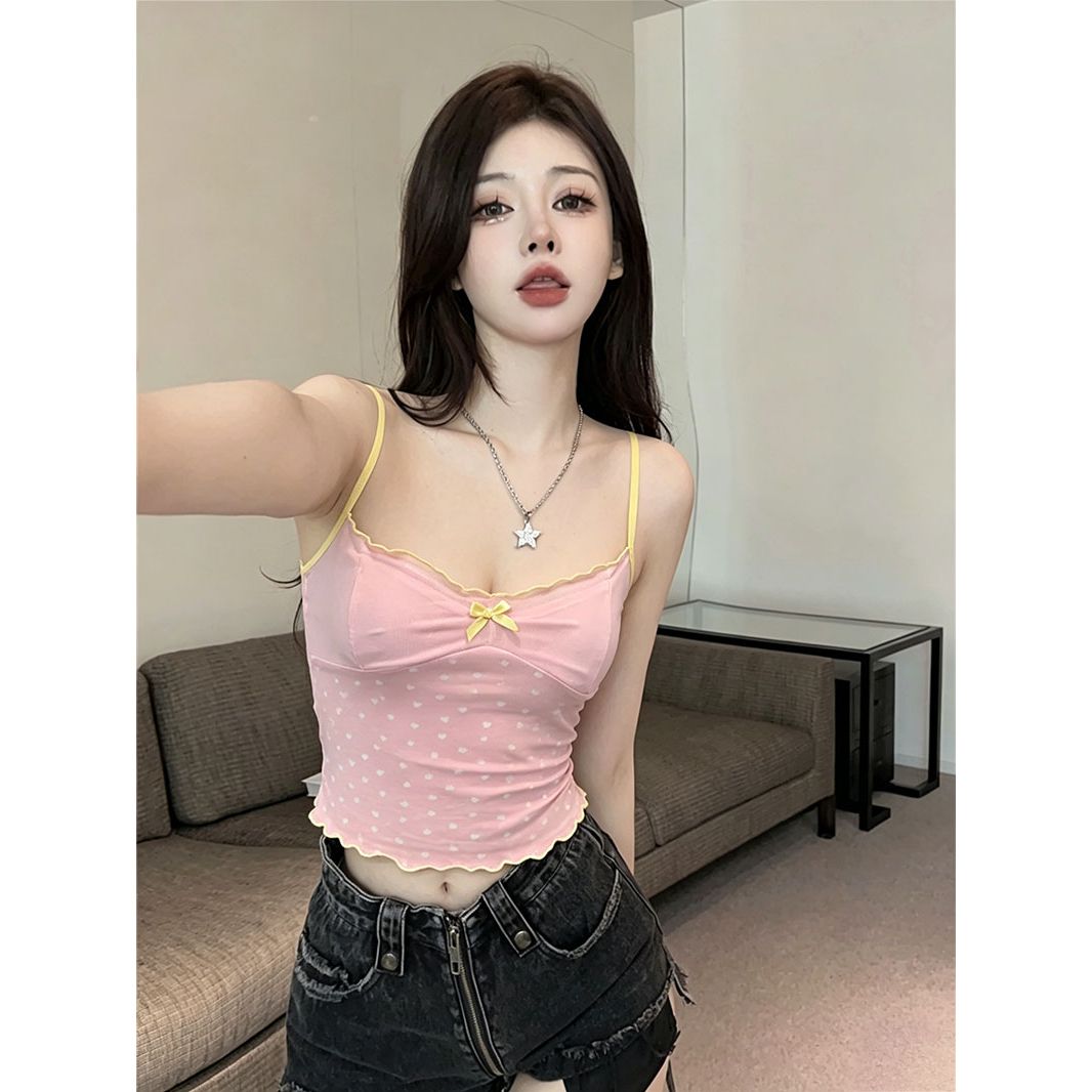 한 부서 하트 프린트 캐미솔 여름 레트로 핫걸 섹시함 순수한 욕망 몸매 가꾸기 망사 맨위