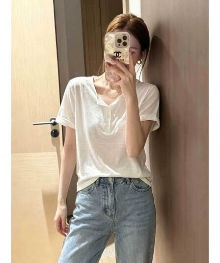 원본 눈꽃 면 화이트 단추 반 개방 헨리 칼라 반팔 맨위 여성 여름 얇은 스타일 마이크로 ~을 통해 티셔츠 트렌디