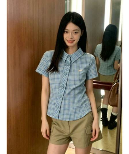 경관 그림 원본 컬러 짜임 셔츠 천 아메리칸 레트로 여름 패션 디자인 센스 슬림해 보이는 폴로 칼라 셔츠