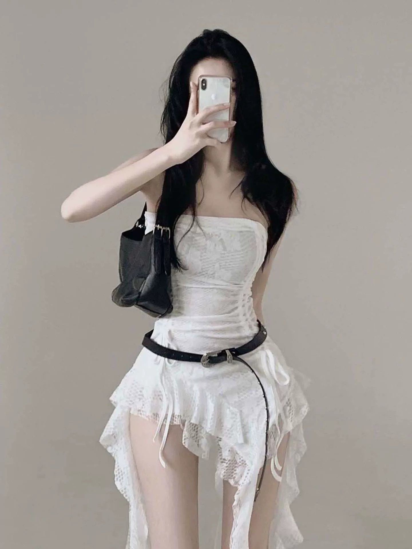 레트로 레이스 조각 불규칙 리본 튜브탑 치마 섹시함 슬림해 보이는 미니 스커트