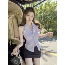 批发纯欲无袖挂脖衬衫女<b class='q'>夏</b>季修身显瘦条纹衬衣设计感小众收腰短款上衣