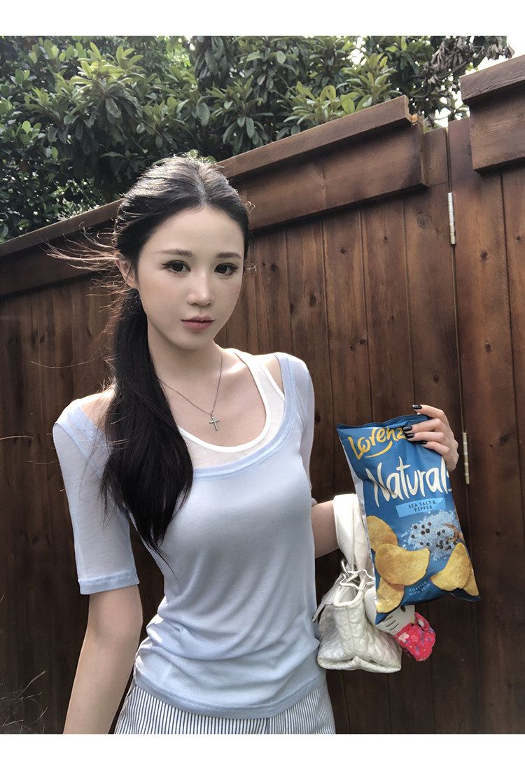 라이 경기 서울 원단 반팔 티셔츠 여성 여름 착용 가져 가라. 라이 경기 서울 주간 실크 페이크 레이어드 몸매 가꾸기 긍정적 인 어깨 의류
