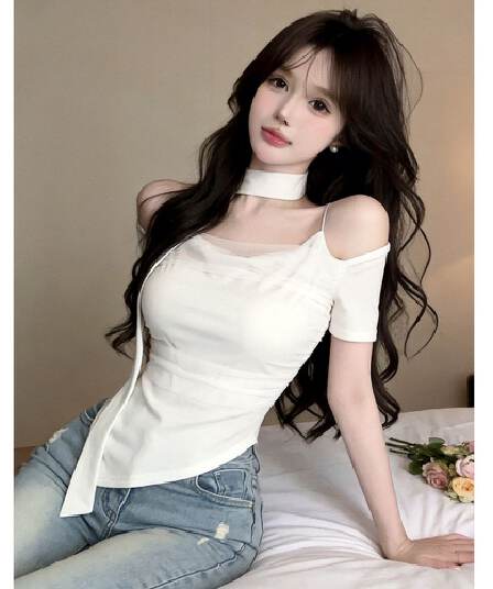 2026 슈퍼 화재 연령 감소 맨위 디자인 센스 오프숄더 불규칙 망사 패치워크 다용도 몸매 가꾸기 반팔 티셔츠 여름