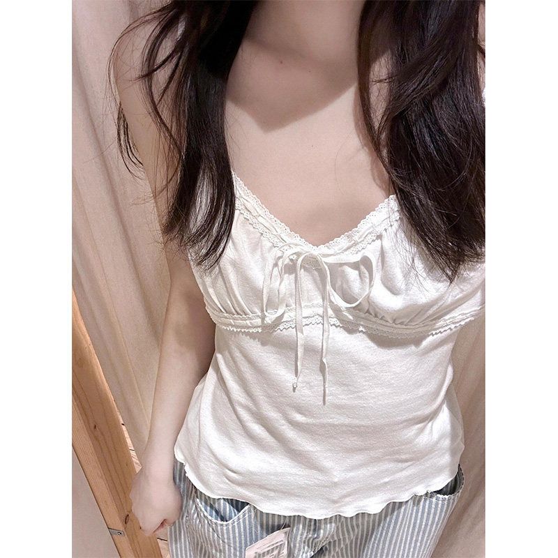 bm 바람 달콤함 연령 감소 V넥 레이스 레이스업 캐미솔 봄 여름 새로운 다용도 몸매 가꾸기 쇼트 스타일 맨위