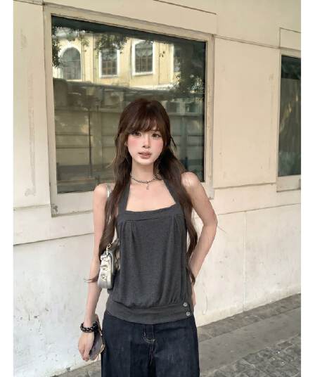 kumikumi 순수한 욕망 바람 어두운 회색 행침 목 조끼 여성 의류 여름 새로운 연령 감소 다용도 민소매 맨위