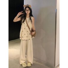 批发韩系蝴蝶结印花背心<b class='q'>衬衫</b>女夏季甜美宽松中<b class='q'>长款</b>无袖娃娃衫外穿上衣