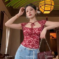 纯欲风玫瑰提花短袖T恤女2026夏款系带蝴蝶结方领体恤修身小上衣
