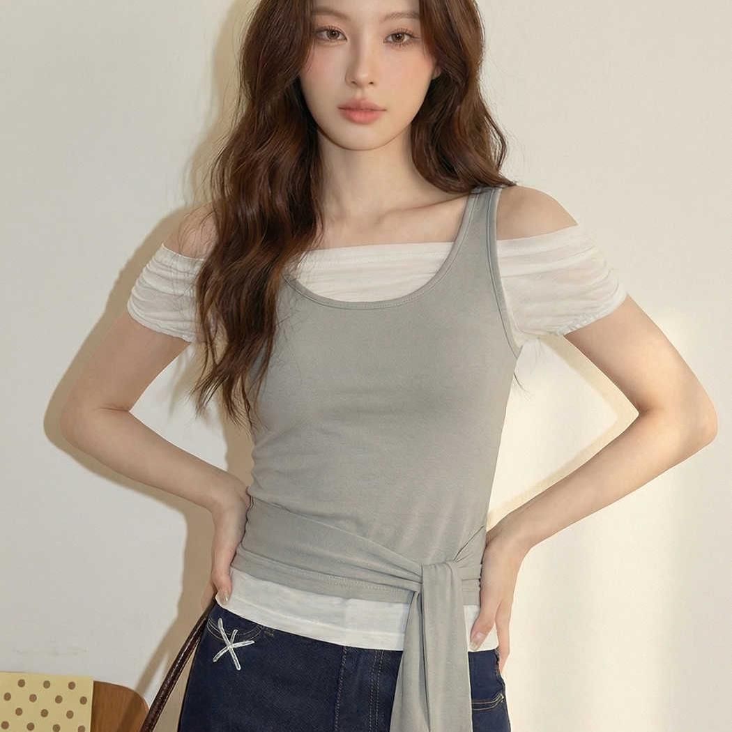 210 그램 40 좋은 면 1 1 패치워크 페이크 레이어드 반팔 티셔츠 여성 새로운 여름 오프숄더 아름다운 맨위