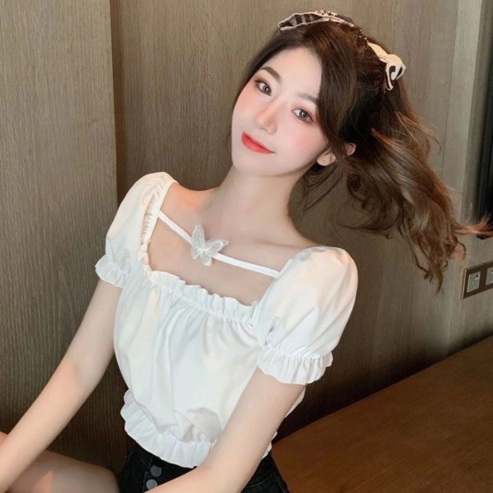 여름 2026 새로운 한 부서 학원 스타일 나비 패치 반팔 프릴 외국 가스 다용도 주름 셔츠 여성 의류