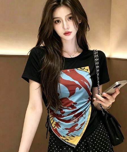 210 그램 40 좋은 면 1 1 도파민 착용 가져 가라. 핫걸 반팔 티셔츠 여름 망사 패치워크 다용도 맨위