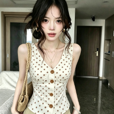 批发杏色波点<b class='q'>泰国</b>绝美外穿无袖挂脖吊带背心女士2026夏季辣妹穿搭上衣